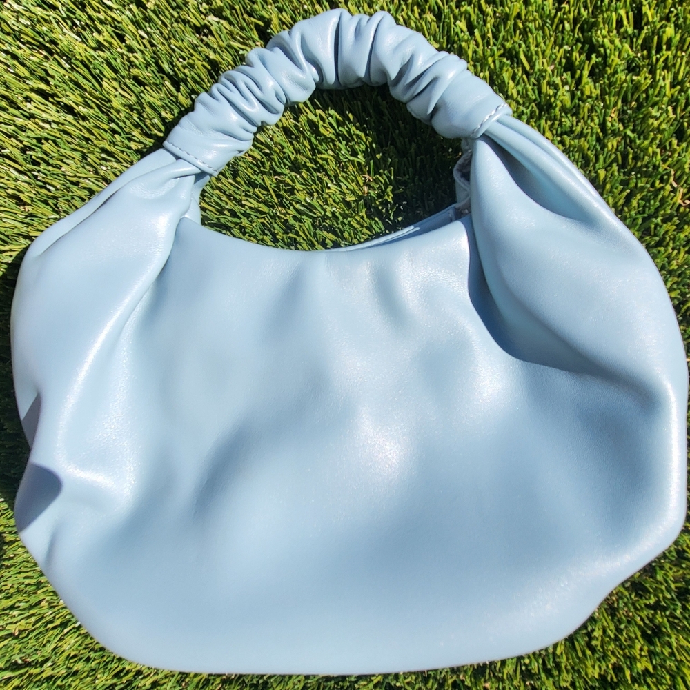 The Drop Addison Soft Faux Leather Ruched Top Handle Bag. Dusty Blue - Picture 14 of 16
